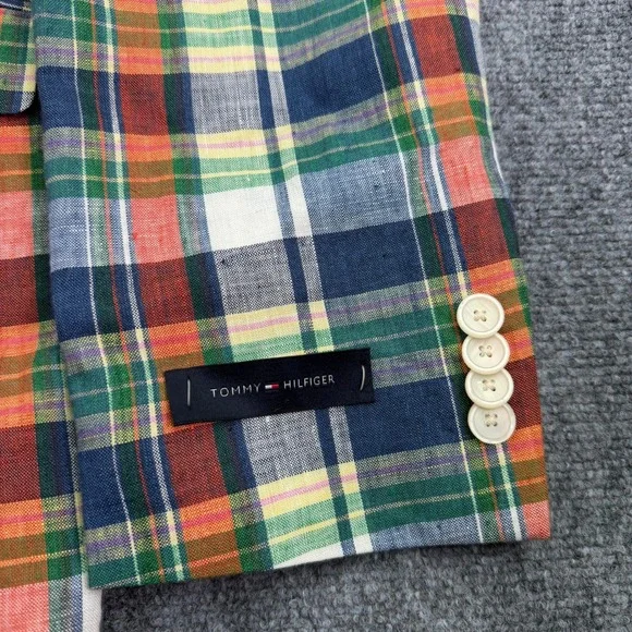 Tommy Hilfiger Blazer Mens 42L Colorful Plaid Ethan 100% Linen Jacket $295 MSRP